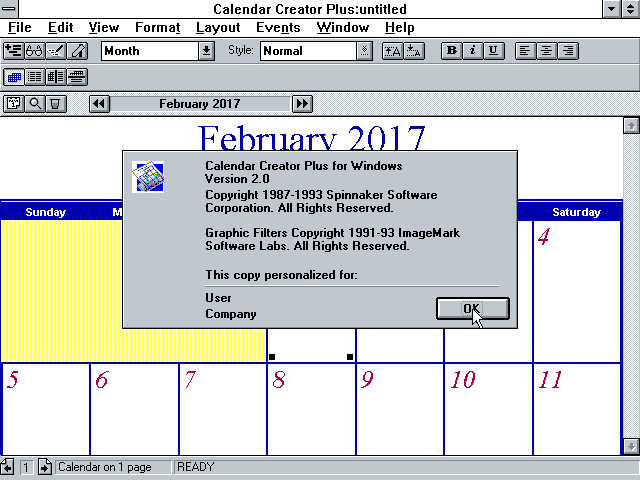 Calendar Creator Plus 2.0 for Windows - About